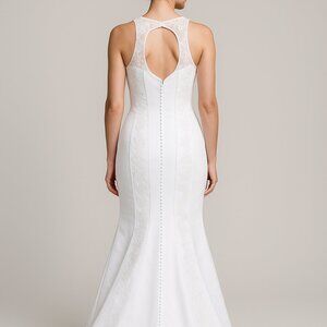 David's Bridal Wedding Dress – White Satin Mermaid Gown with Beaded Lace